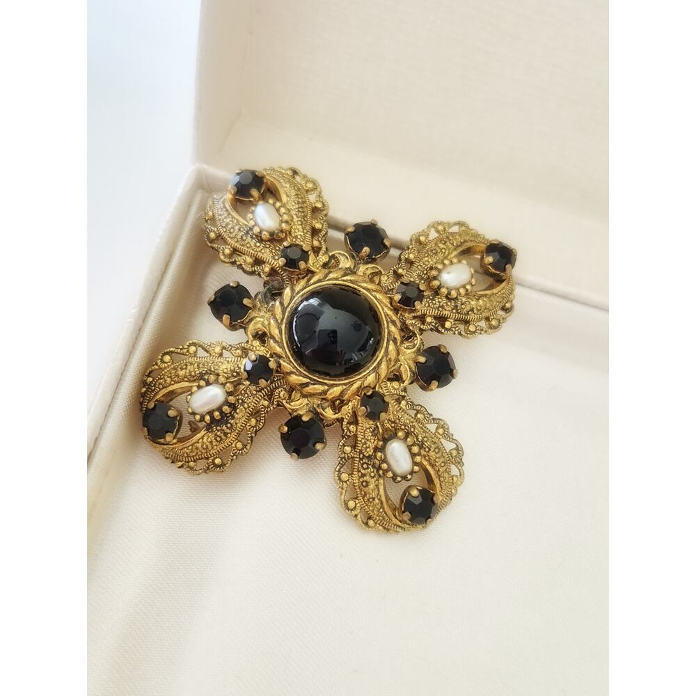 Vintage West Germany Faux Onyx and Pearl Maltese Cross Brooch